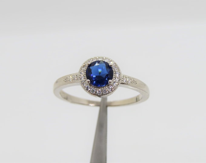 Vintage Sterling Silver Blue Sapphire & White Topaz Halo Ring Size 7