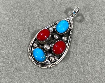 Pendentif En Argent Sterling Années 70 - 9 Pierres Turquoise & Corail - Forme Étoile - Occasion
