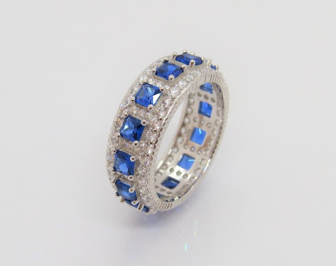 Sterling Silver Princess cut Blue Sapphire & White Topaz Ring Size 7