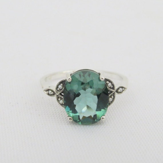 Vintage Sterling Silver Emerald & Seed Pearl Ring… - image 1