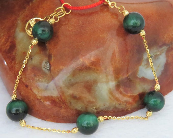 Vintage 18K Solid Yellow Gold Green Cat's Eye Link Bracelet 6 6/8''