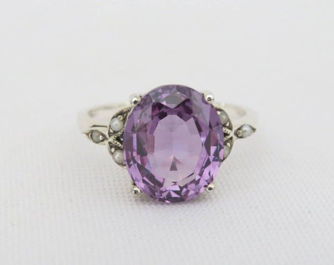Vintage Sterling Silver Alexandrite & Seed Pearl Ring Size 5