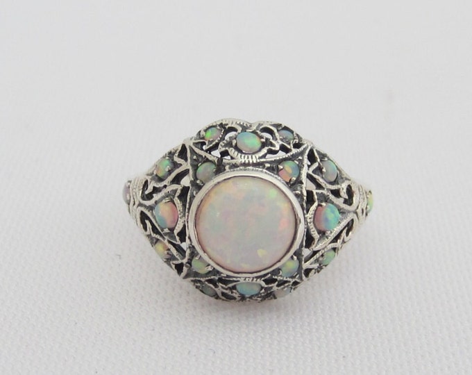 Vintage Sterling Silver Opal Filigree Ring Size 9