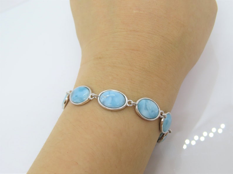 Vintage Sterling Silver Natural Oval Larimar Link Chain Bracelet 7 12/'/'