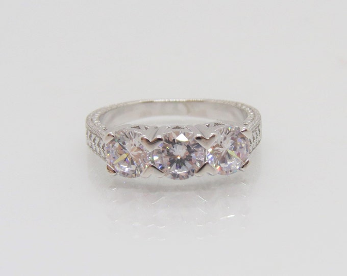 Vintage Sterling Silver White Topaz Three Stone Ring Size 9