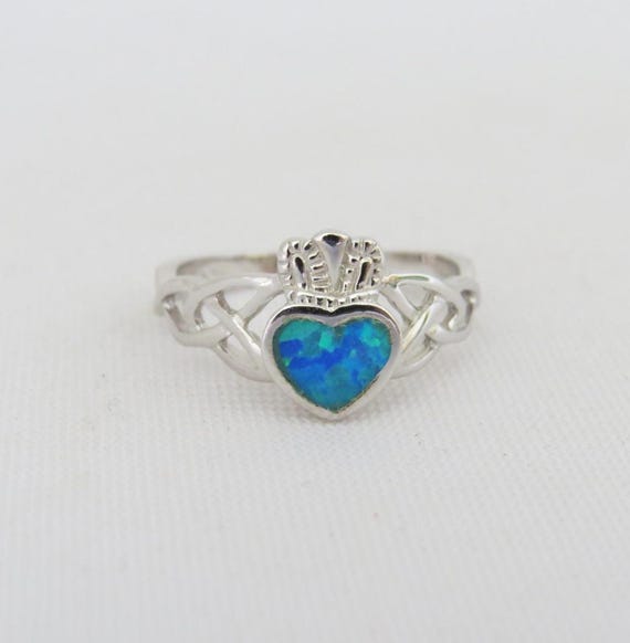 Vintage Claddagh Sterling Silver Inlay Blue Opal Ring Size 8