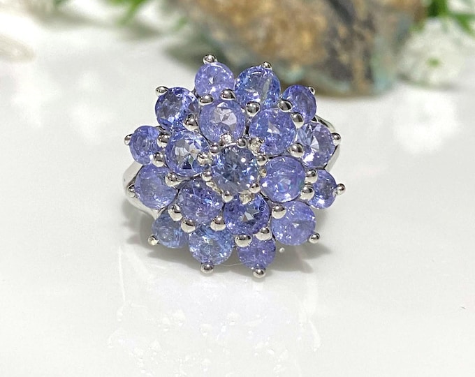 Vintage Sterling Silver Natural Tanzanite Cluster Ring Size 8.75