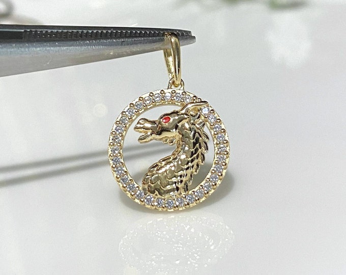 Vintage 14K Solid Gold White Topaz Red Enamel Dragon's Eye Circle Pendant.