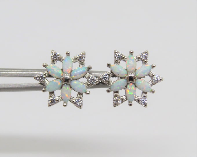 Sterling Silver White Opal, White Topaz Flower Earrings