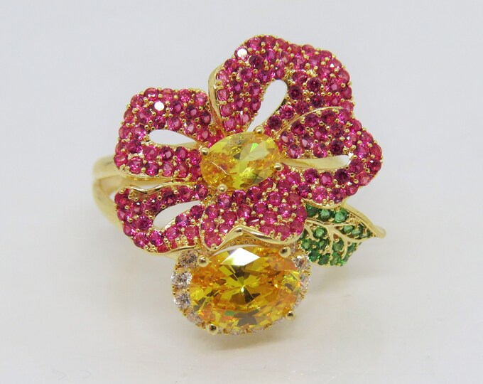 Vintage 14K Solid Yellow Gold Citrine, Ruby, Emerald & White Topaz Pave Ring Size 6.5