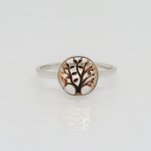Vintage Sterling Silver Blue Rose Gold Plated Tree of Life Ring Size 7