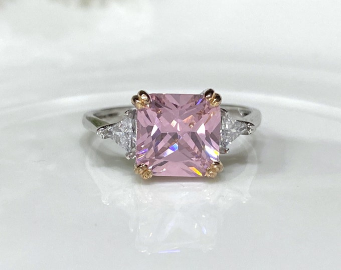 Vintage Sterling Silver Princess cut Pink Sapphire, White Topaz Ring Size 10.