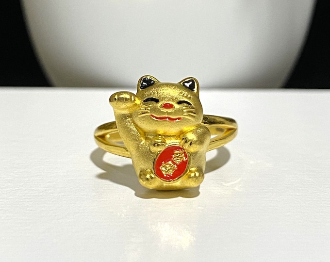 24K 9999 Gold 3D Red Enamel Lucky Cat Vintage Ring Size 7.5