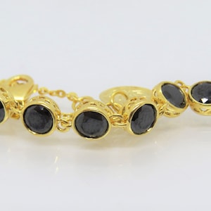 18K Solid Yellow Gold Round Black Sapphire Link Chain Vintage Bracelet 6 6/8&#39;&#39;