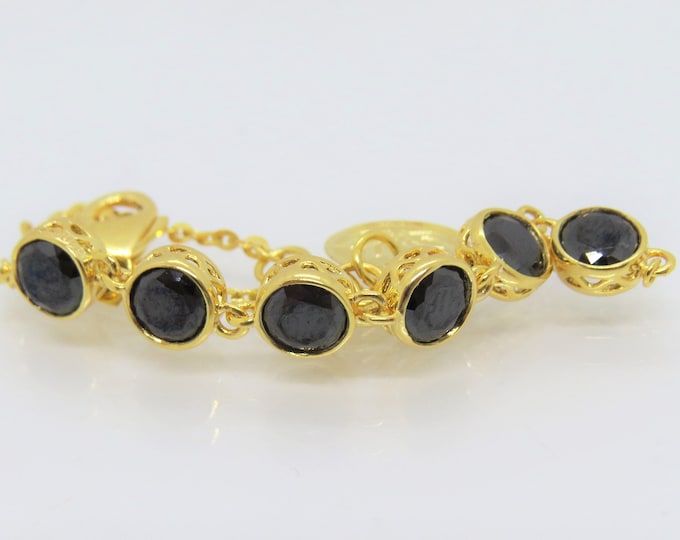 18K Solid Yellow Gold Round Black Sapphire Link Chain Vintage Bracelet 6 6/8''
