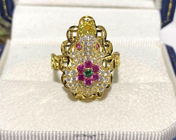 Vintage 15K 610 Solid Yellow Gold Citrine, Emerald, Ruby & White Topaz Frog Ring Size 7