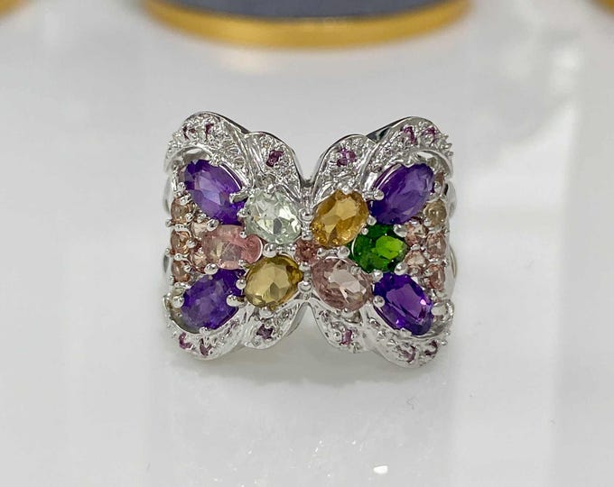 Vintage Sterling Silver Natural Amethyst, Citrine, Tourmaline & Aquamarine Butterfly Ring Size 8