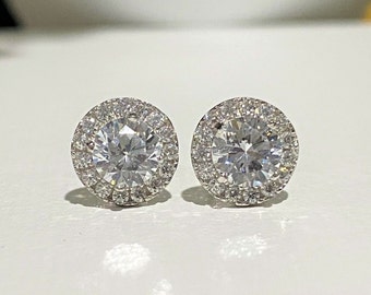 Vintage 14K Solid White Gold White Sapphire Halo Earrings.