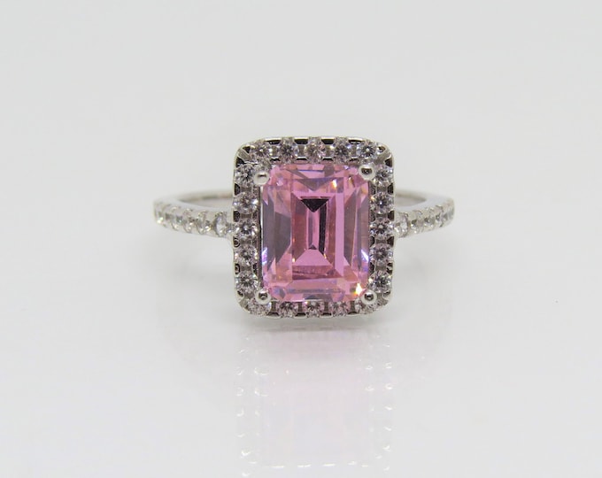 Vintage Sterling Silver Pink Topaz & White Topaz Halo Ring Size 10