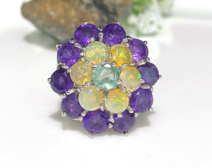 Vintage Sterling Silver Natural Fire Opal, Emerald & Amethyst Ring Size 8 3/4