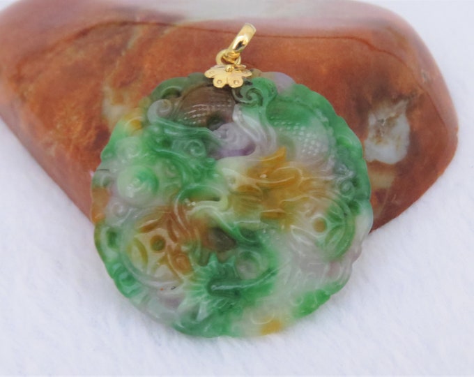 Vintage 18K Solid Yellow Gold Carved Dragon Purple, Green & Red Jadeite Jade Pendant
