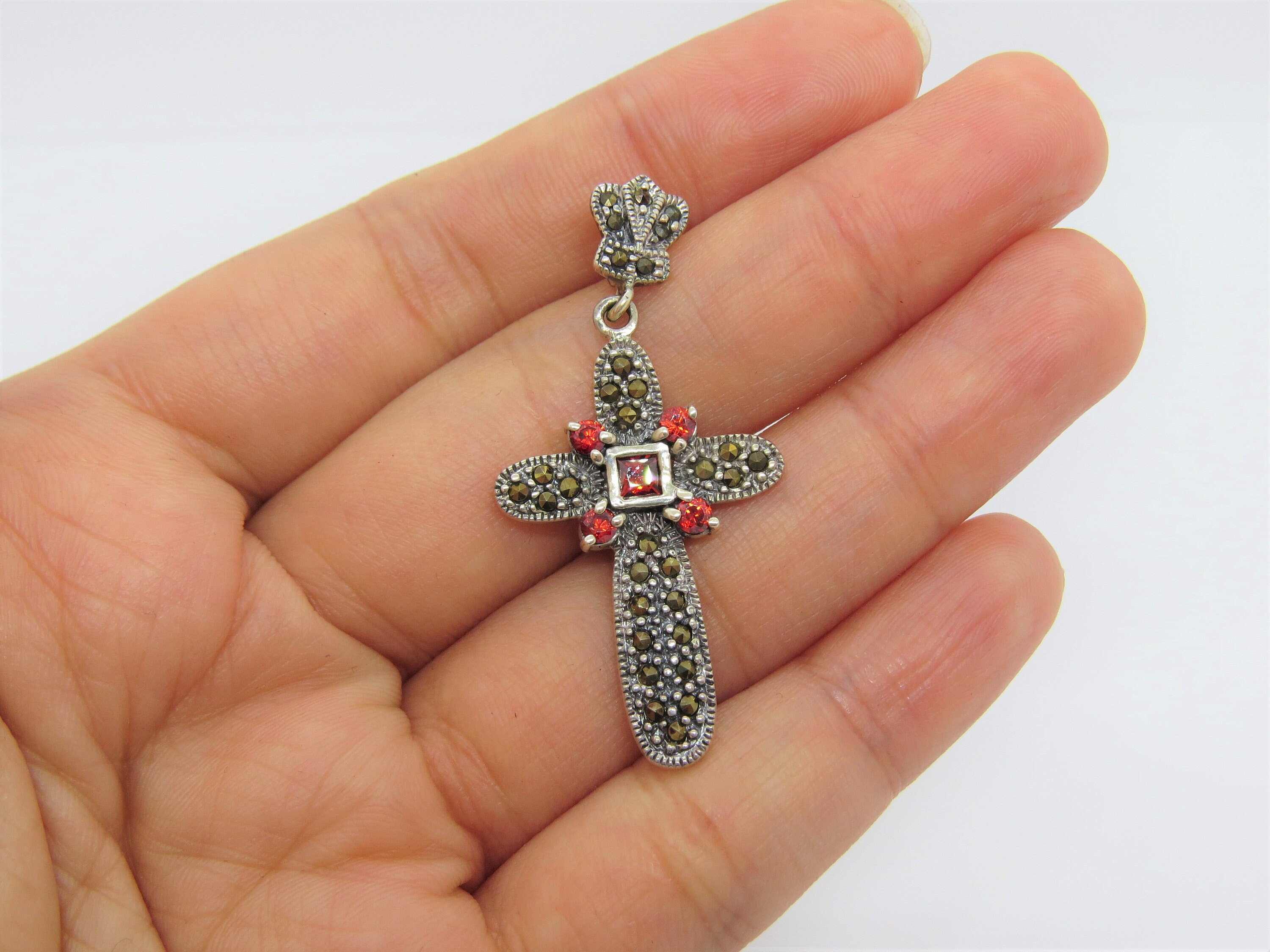 Vintage Sterling Silver Garnet & Marcasite Cross Pendant - Etsy