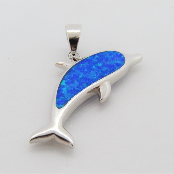 Vintage Sterling Silver Blue Opal Dolphin Pendant - image 4