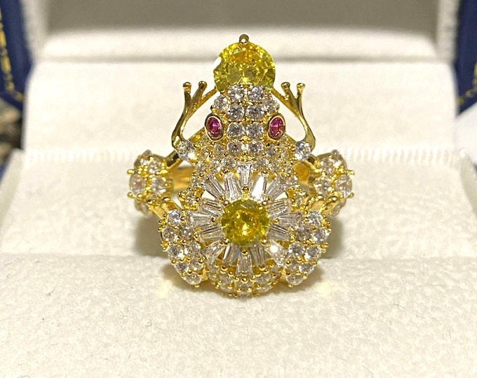 Vintage 15K 610 Solid Yellow Gold Citrine & White Topaz Ruby Eye's Frog Ring Size 7