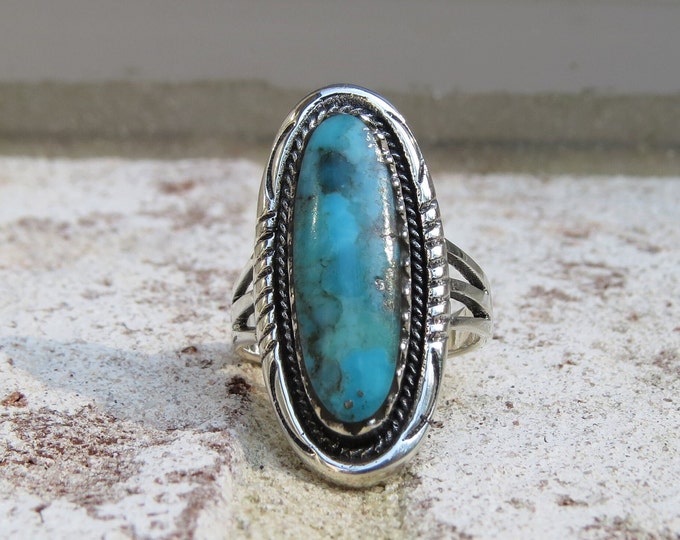 Vintage Sterling Silver Turquoise Long Ring Size 8.