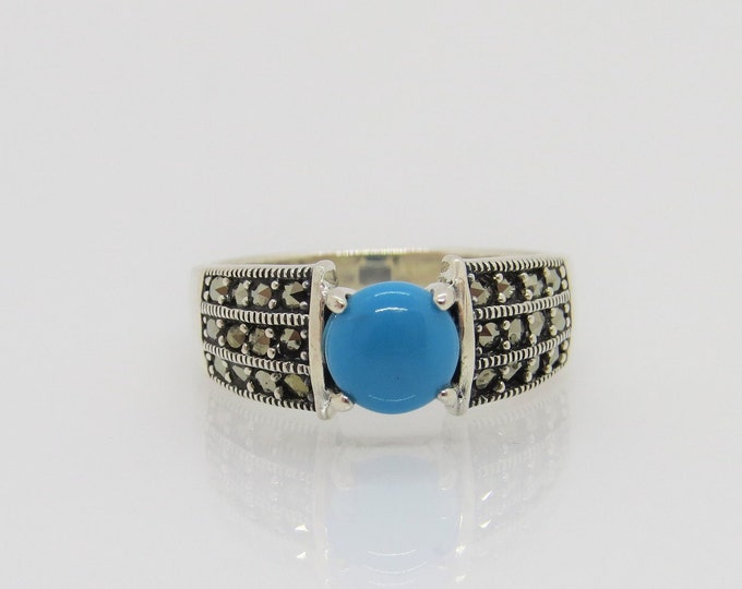 Vintage Sterling Silver Turquoise & Marcasite Band Ring Size 7