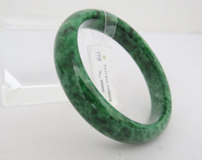 Vintage Translucent Natural Floral Green Jadeite Jade Wide Bangle Bracelet 54MM