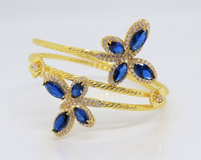 Vintage 18K Solid Yellow Gold Blue Sapphire & White Topaz Butterfly Twisted Bracelet 7'' Length