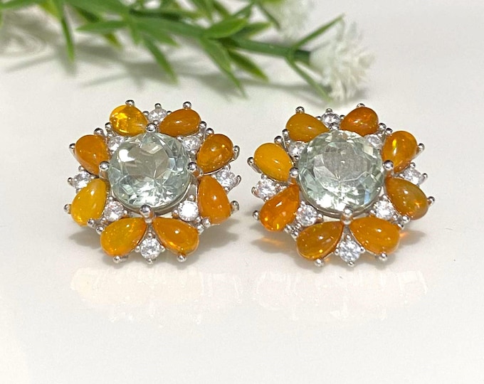 Vintage Sterling Silver Natural Orange Fire Opal & Green Amethyst Earrings.