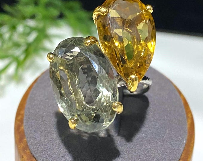 Vintage Sterling Silver Natural 29ct Citrine & Green Amethyst Ring Size 8