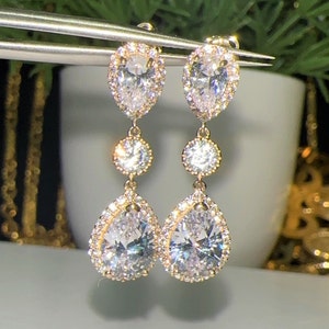 14K Solid Yellow Gold White Sapphire Dangle Earrings.