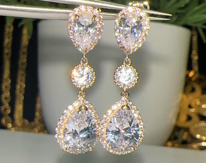 14K Solid Yellow Gold White Sapphire Dangle Earrings.