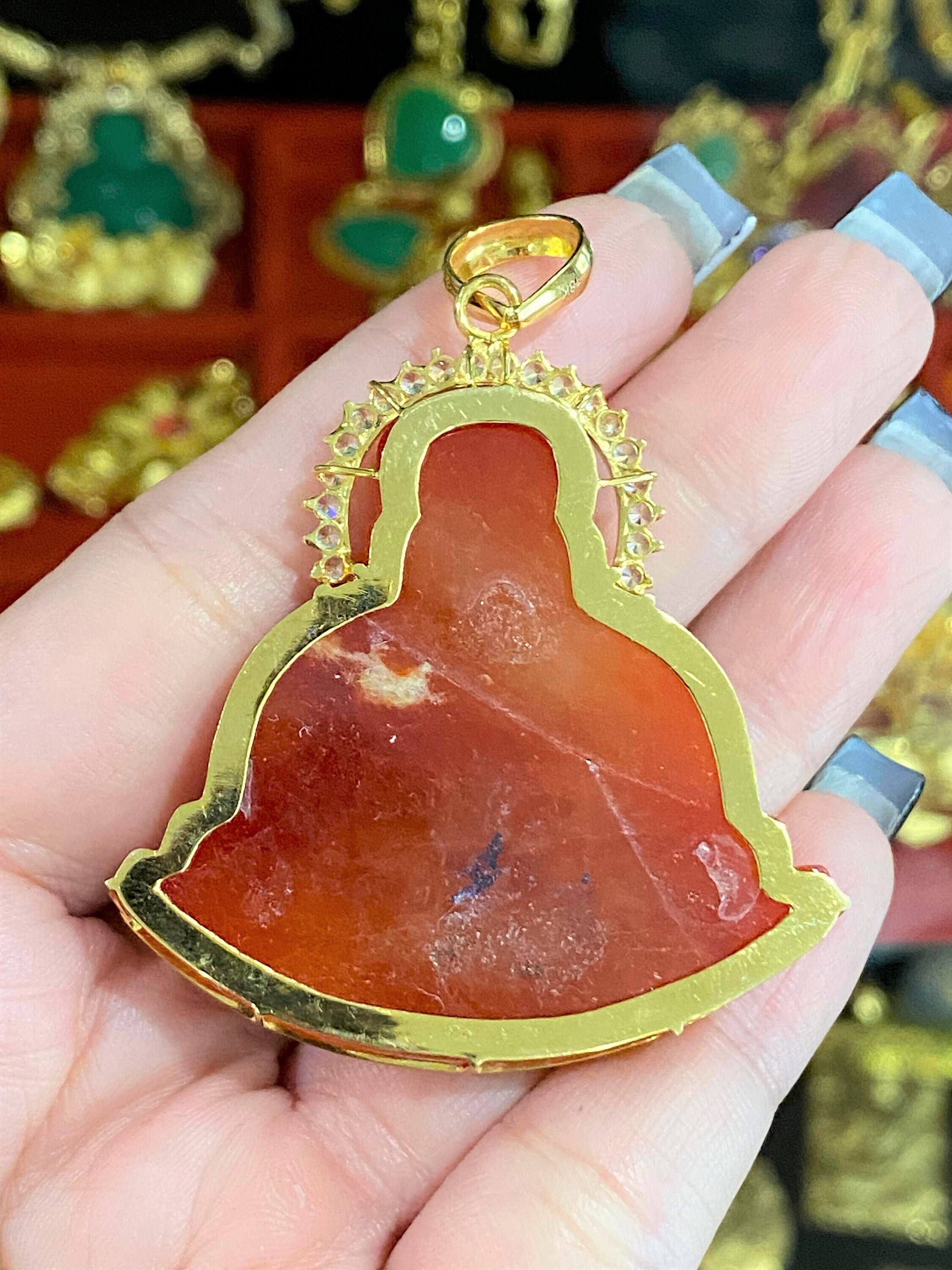 Vintage 18K Solid Yellow Gold Red Jadeite Jade, White Topaz