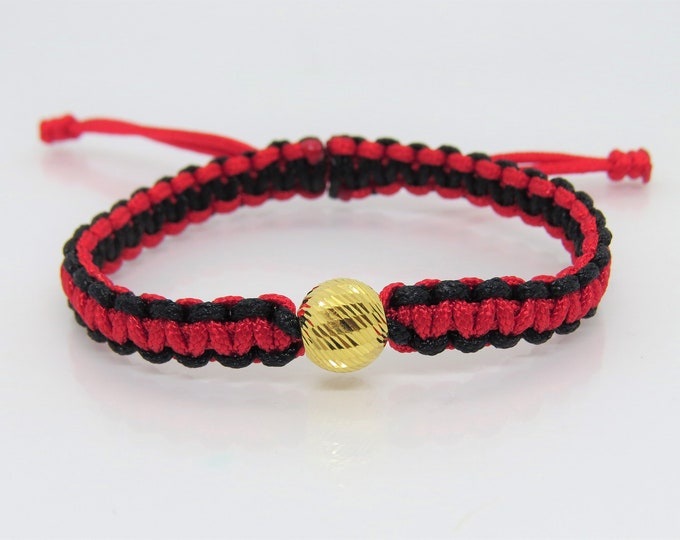Vintage 24K 9999 Yellow Gold Diamond cut Ball with Red , Black Weave Adjusable Bracelet