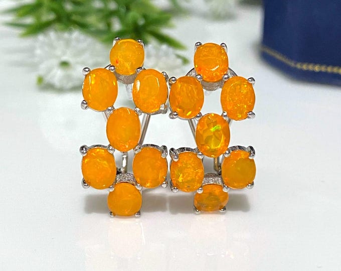 Vintage Sterling Silver Natural Oval cut Orange Fire Opal Earrings.