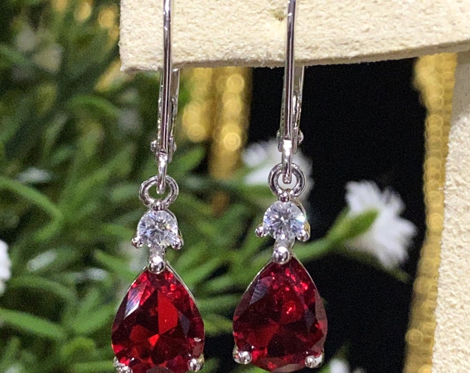Vintage Sterling Silver Pear cut Ruby & White Topaz Dangle Earrings.