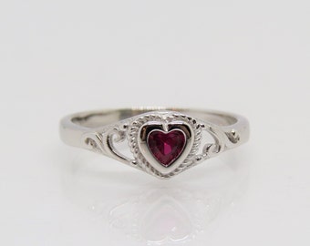 Sterling Silver Ruby Heart Filigree Ring Size 7