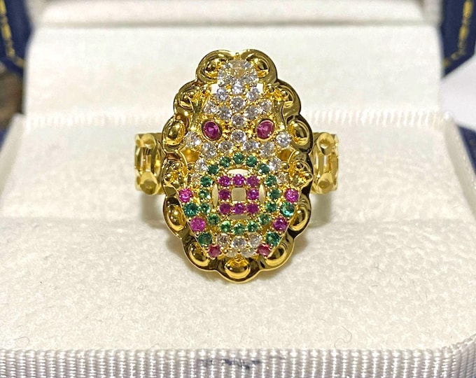 Vintage 15K 610 Solid Yellow Gold Emerald, Ruby & White Topaz Ruby Eye's Frog Ring Size 8