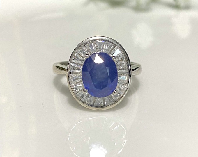 Vintage Sterling Silver Natural Blue Sapphire & White Topaz Ring Size 8