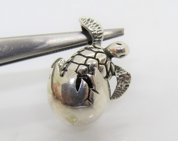 Vintage Sterling Silver Egg With Hatching Turtle Moveable Pendant