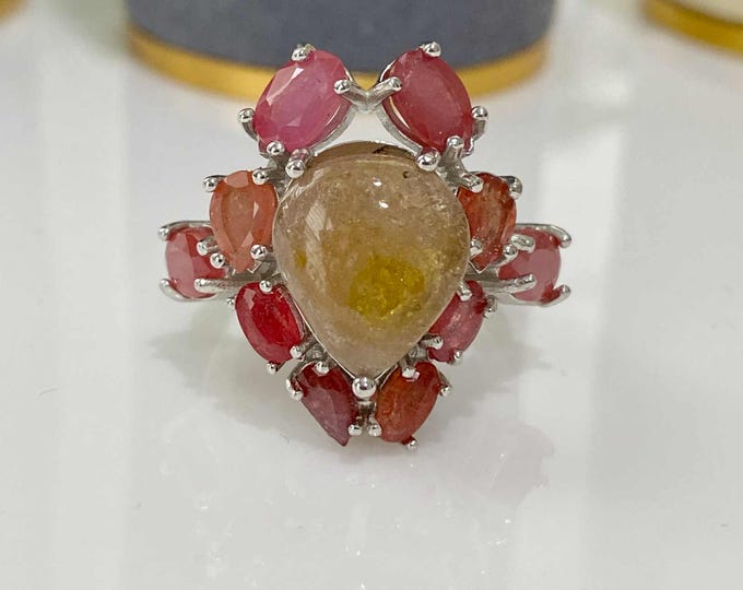 Vintage Sterling Silver Natural Yellow, Orange Sapphire & Ruby Ring Size 5 1/2