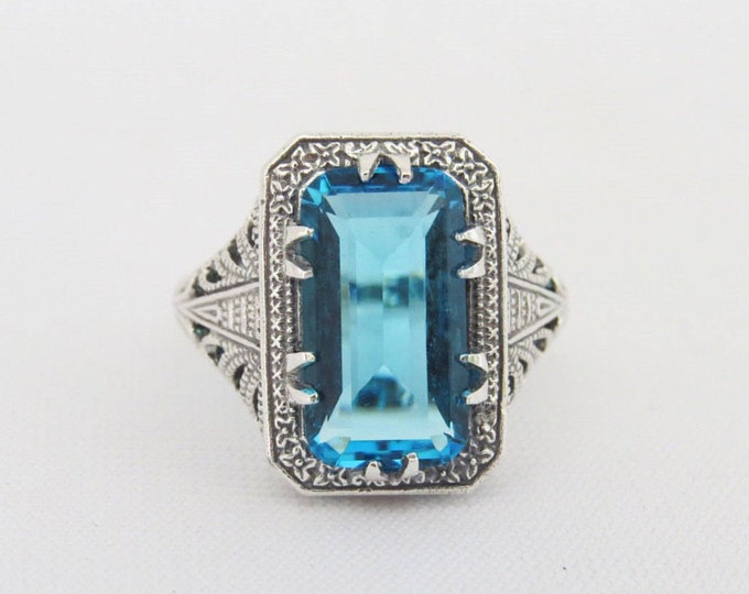 Vintage Sterling Silver Aquamarine Filigree Ring Size 6