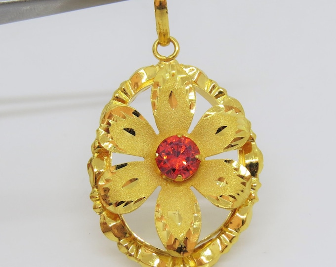 Vintage 24K Pure Gold Round cut Orange Fire Opal Flower Pendant