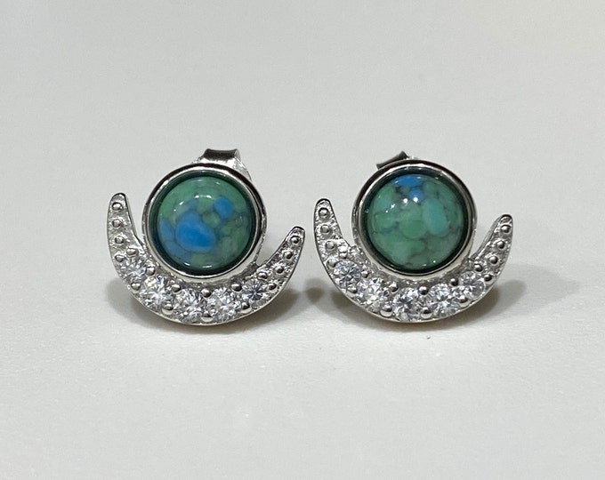 Sterling Silver Turquoise & White Topaz Moon Earrings.