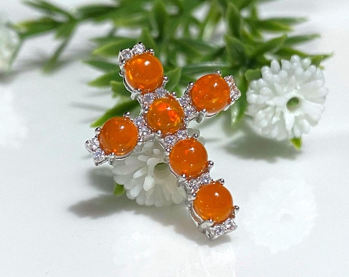 Vintage Sterling Silver Natural Orange Fire Opal & White Topaz Cross Pendant.
