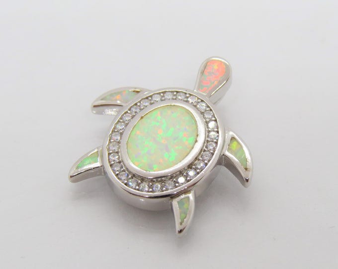 Vintage Sterling Silver White Opal & White Topaz Turtle Pendant